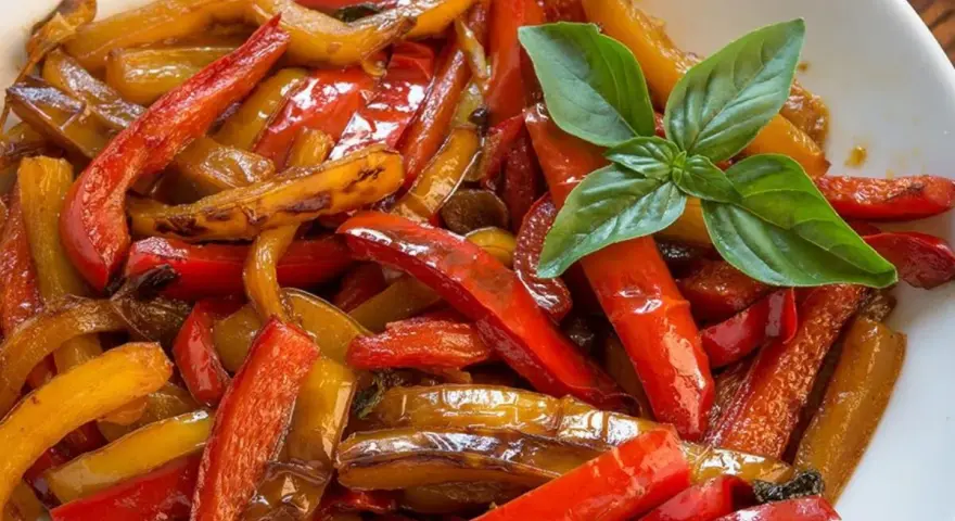 Peperoni in agrodolce, colorati e succosi, guarniti con basilico fresco. Un contorno saporito e invitante.