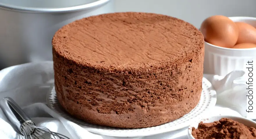 Un soffice pan di spagna al cacao, pronto per essere farcito. Ingredienti base: uova, cacao e una frusta.