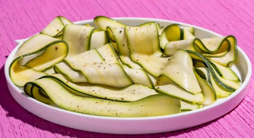 Fettine sottili di zucchine marinate crude, condite con pepe nero, su un piatto bianco, su un tavolo rosa acceso.