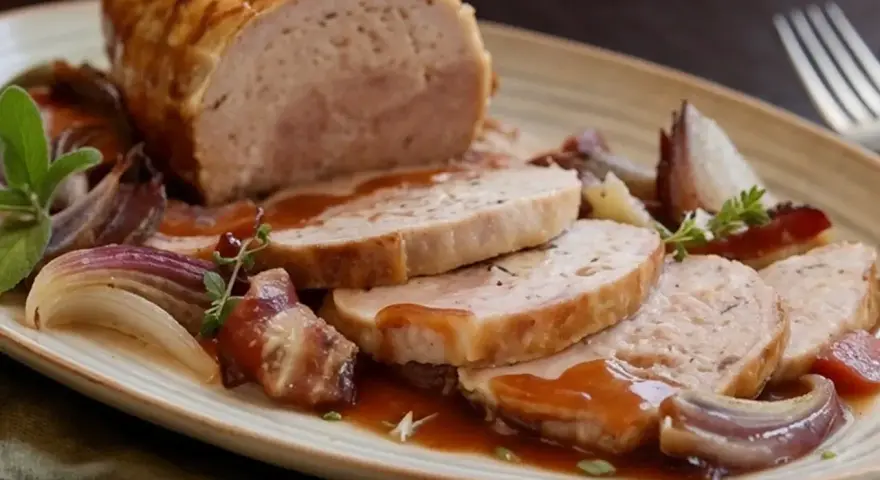 Un succulento arrosto di tacchino affettato, servito con cipolle rosse caramellate e salsa bruna su un piatto rustico.