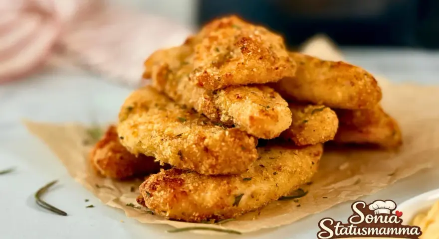 Croccanti bastoncini di pollo in friggitrice ad aria, dorati e saporiti, perfetti per un pasto veloce e gustoso.
