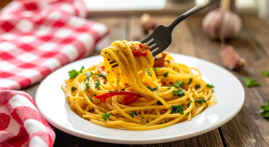 Un piatto di spaghetti alla carrettiera fumante, conditi con pomodoro, aglio e prezzemolo, pronti per essere gustati.