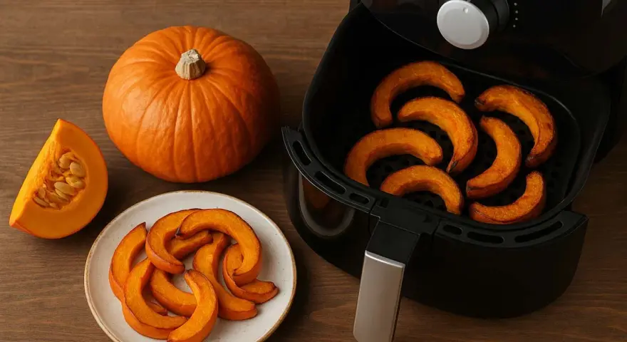 Fette di zucca dorate e cotte nella friggitrice ad aria, pronte per essere gustate.