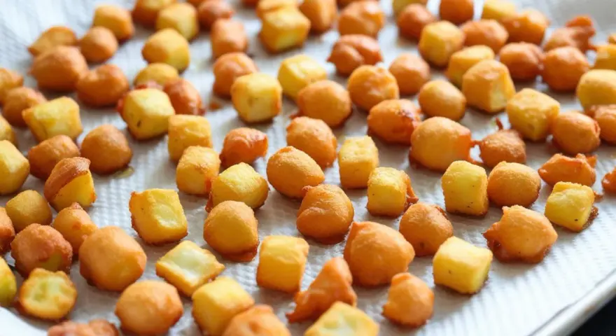 Frittelle di una volta dorate e croccanti, alcune a cubetti, altre tonde, adagiate su carta assorbente.