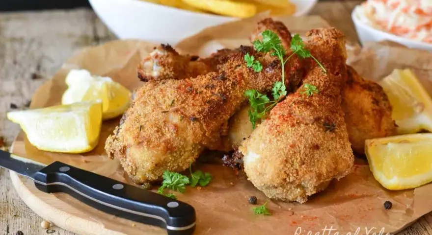 Fusi di pollo in friggitrice ad aria, dorati e croccanti, serviti con spicchi di limone e prezzemolo fresco.