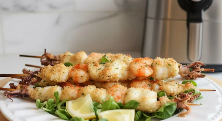 Spiedini di gamberi e calamari dorati e croccanti, cotti alla perfezione nella friggitrice ad aria. Serviti su un letto di insalata con spicchi di limone.