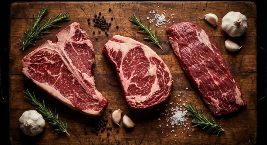 Tre succulenti tagli di carne per una perfetta grigliata: T-bone, costata e scamone, con rosmarino, aglio e sale grosso.