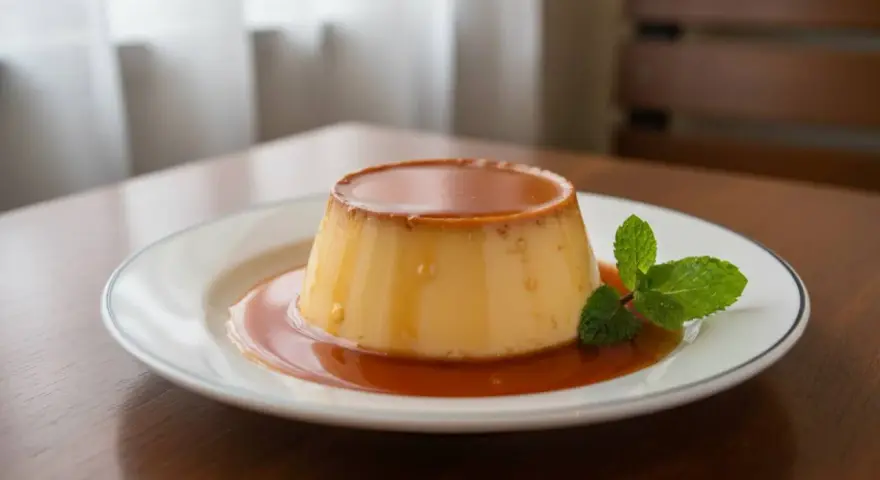 Budino fatto in casa con caramello dorato e una fogliolina di menta fresca, servito su un piatto bianco.