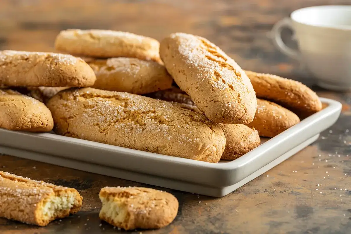 Biscotti morbidissimi in 5 minuti ricetta: una teglia piena di dolcetti dorati, cosparsi di zucchero, pronti per essere gustati.