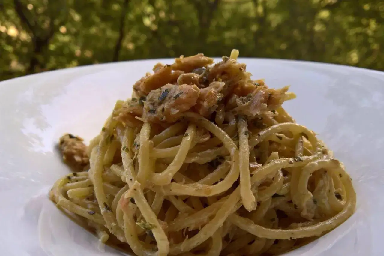 Un invitante piatto di pasta al salmone, condita con erbe aromatiche, servita su un piatto bianco con uno sfondo sfocato di alberi verdi.