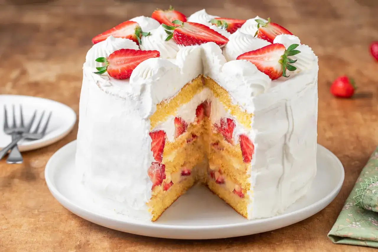 Torta panna e fragole, soffice e invitante, con strati di pan di Spagna, panna montata e fragole fresche a pezzi.