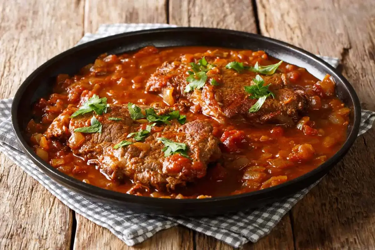 Carne alla pizzaiola morbida, succulenta e profumata, servita in un piatto scuro su una tovaglietta a quadri.