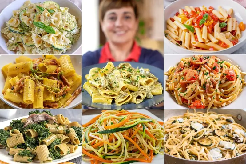 Collage di piatti di pasta con verdure: farfalle con zucchine, rigatoni con pancetta, linguine con pomodorini e pinoli, spaghetti con verdure julienne e pasta con spinaci e acciughe.