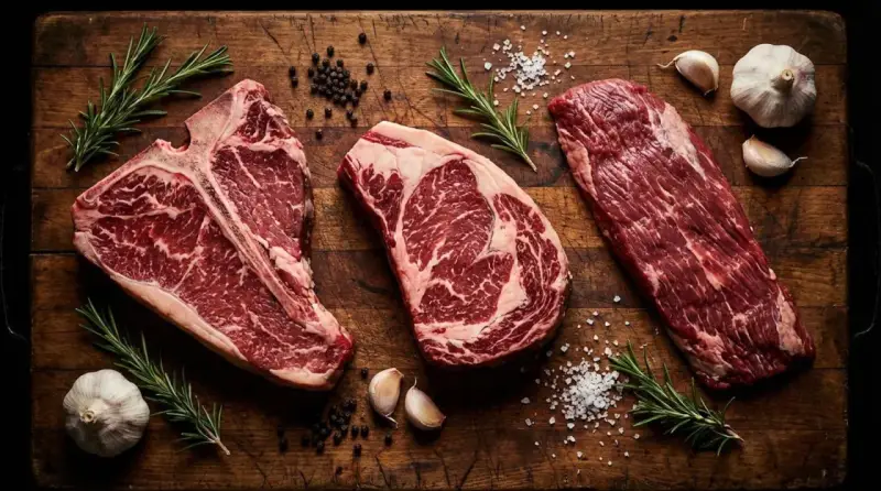 Tre succulenti tagli di carne per una perfetta grigliata: T-bone, costata e scamone, con rosmarino, aglio e sale grosso.
